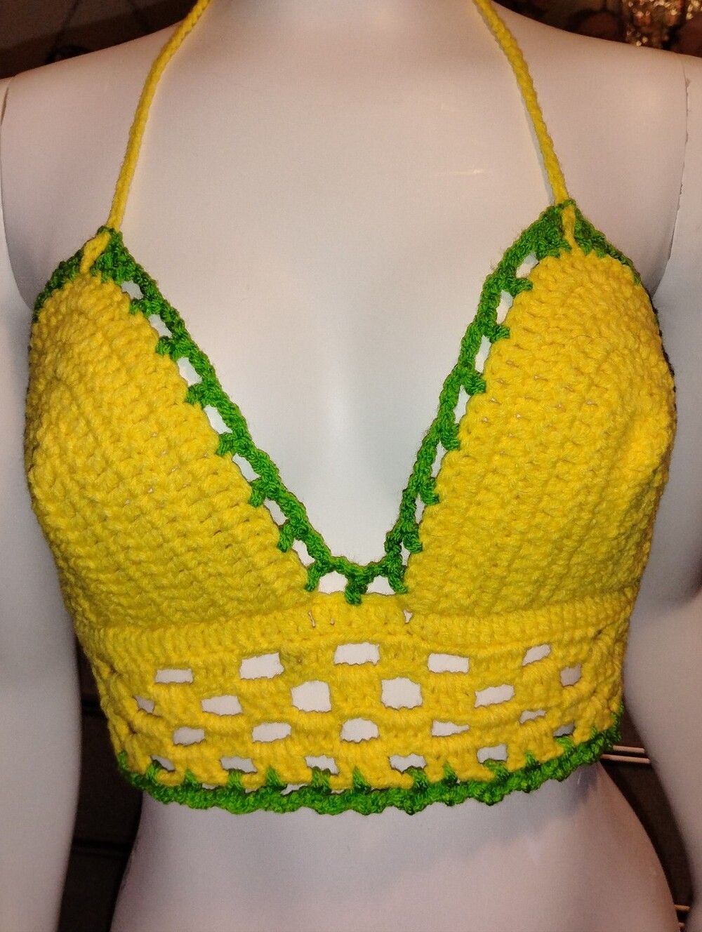 Handmade Yellow Crochet Halter Bralette with Green Trim